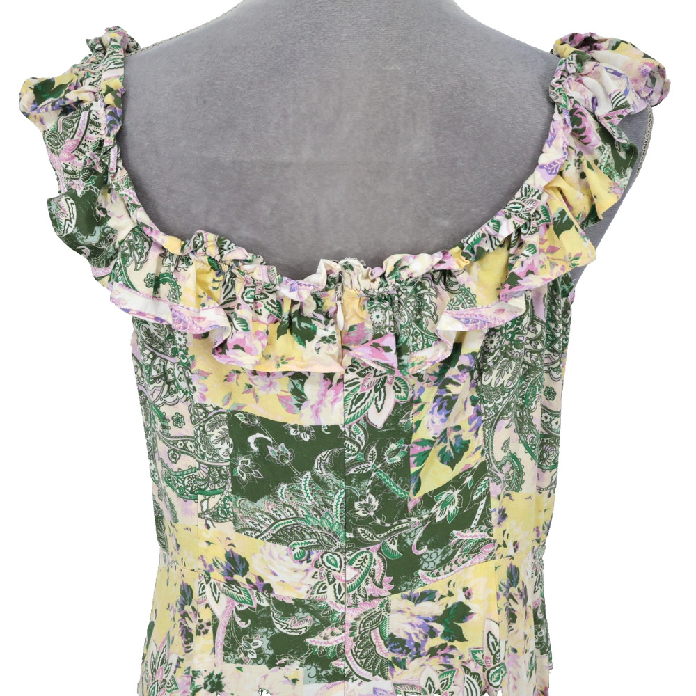 Loft Dress Womens Medium Green Yellow Floral Cotton Rayon Back Zip Ruffle Trim - Picture 9 of 13